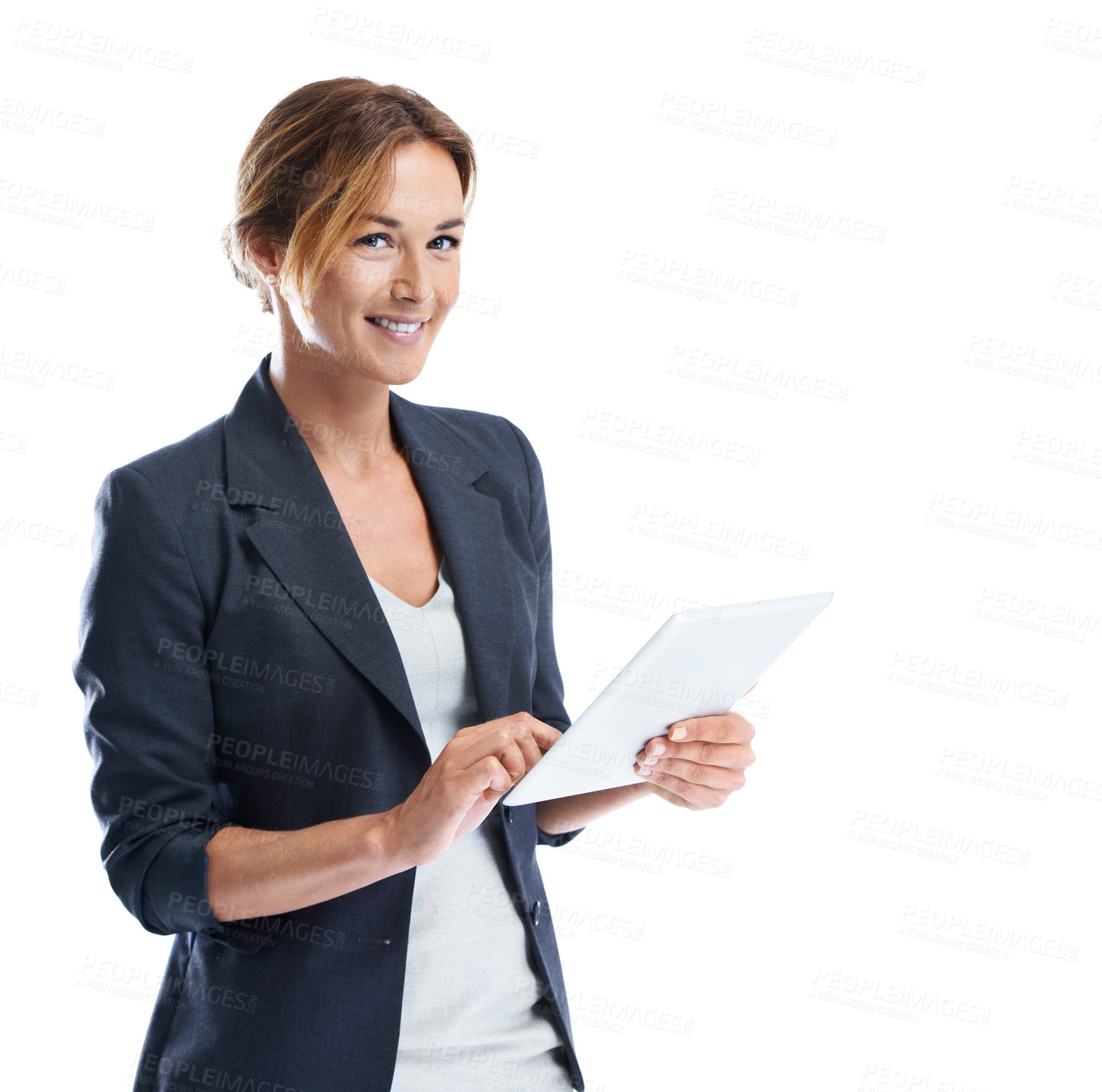 Buy stock photo Portrait, tablet and research with business woman in studio for smile, property listing and space. Viewing schedule, virtual real estate tour and about us with person and tech on white background