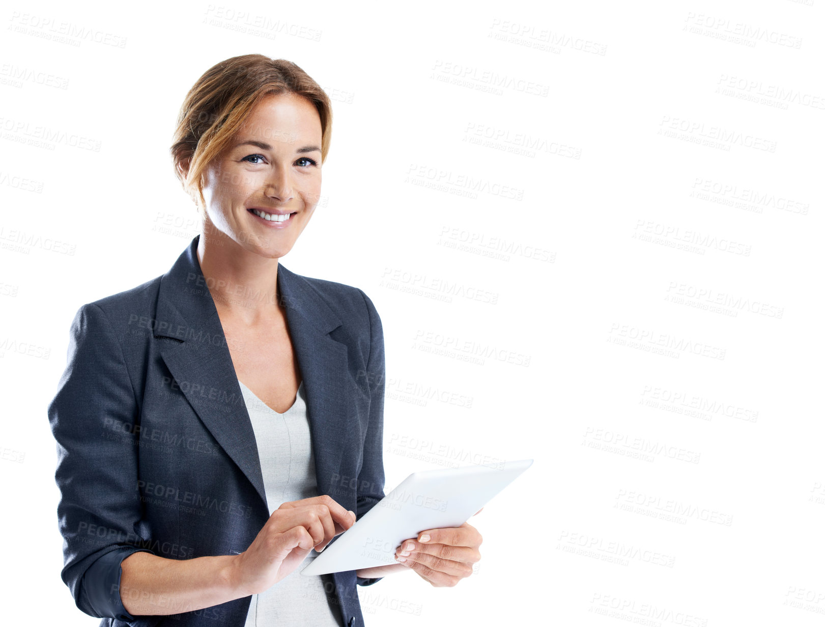 Buy stock photo Portrait, tablet and project with business woman in studio for research, property listing and space. Viewing schedule, virtual real estate tour and about us with person and tech on white background
