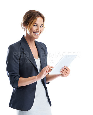 Buy stock photo Cropped shot of a smiling businesswoman using a digital tablet while isolated on white