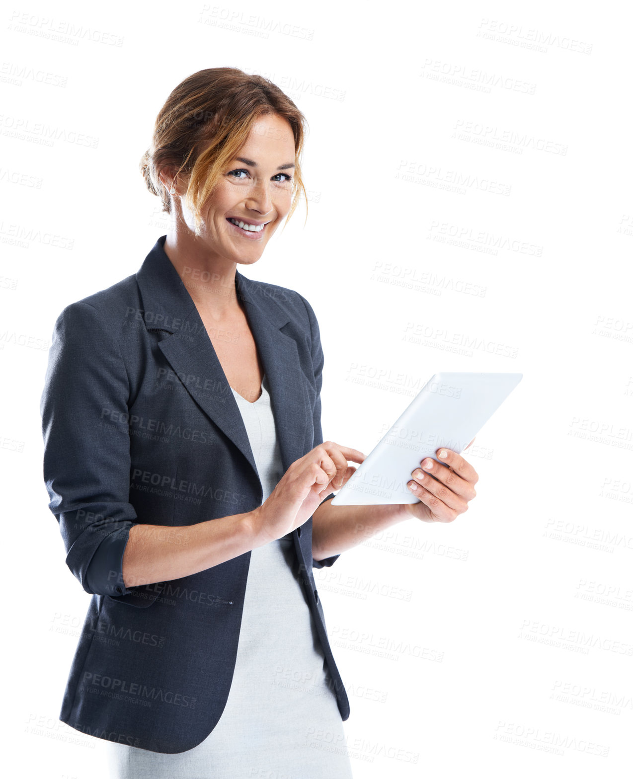 Buy stock photo Portrait, tablet and business woman in studio for research, property listing and smile. Viewing schedule, virtual real estate tour and about us with person and tech on white background for update