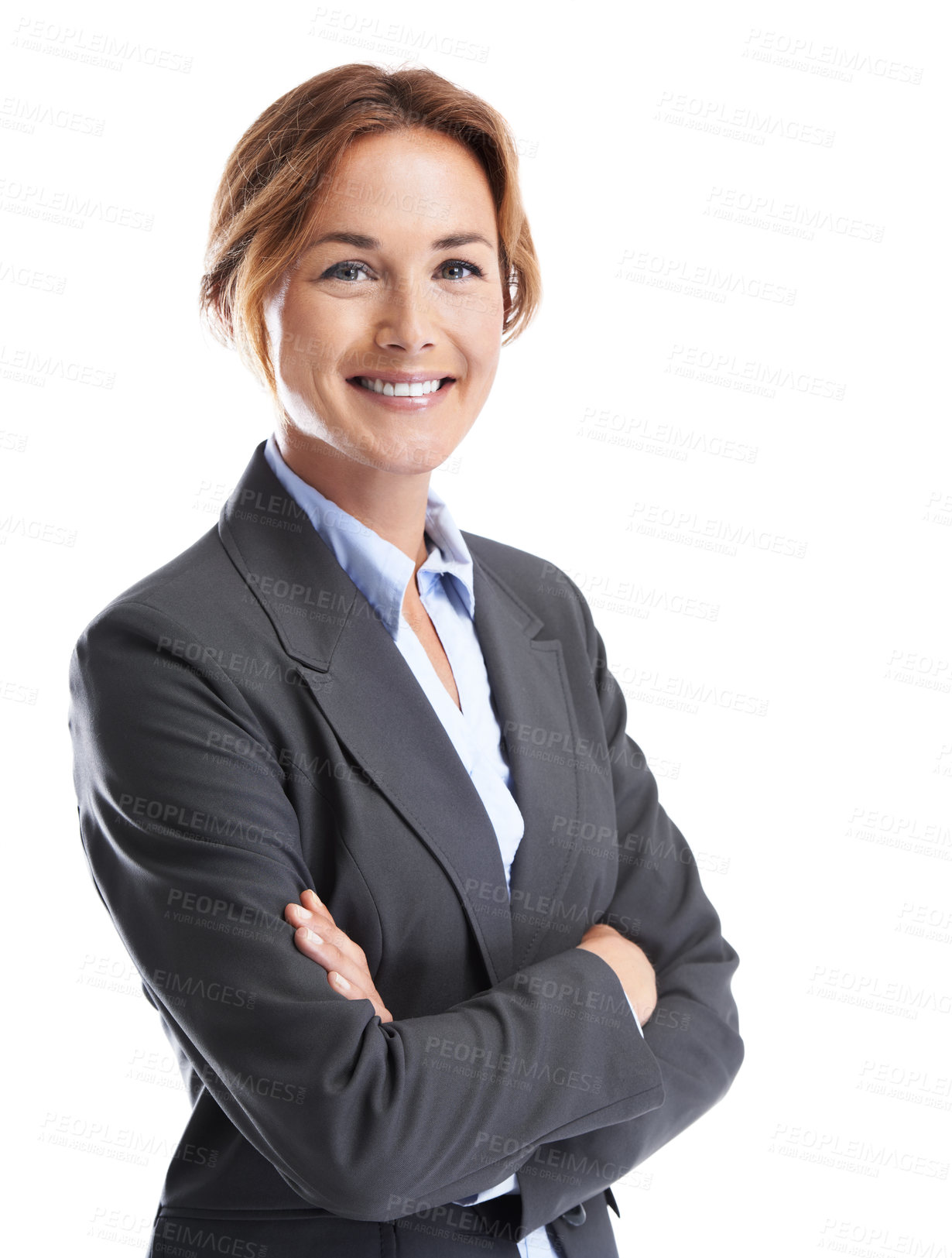 Buy stock photo Business, portrait and happy woman in studio with arms crossed, corporate finance career and pride. Person, smile and financial accountant with confidence, experience or about us on white background.