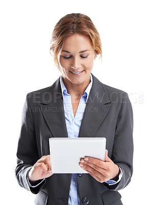 Buy stock photo Cropped shot of a smiling businesswoman using a digital tablet while isolated on white