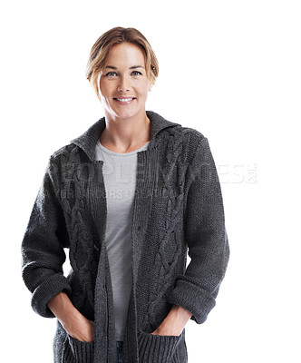 Buy stock photo An attractive woman with her hands in her pockets while isolated on white - Cropped