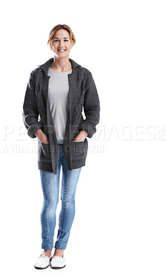 Buy stock photo An attractive woman with her hands in her pockets while isolated on white - Full length