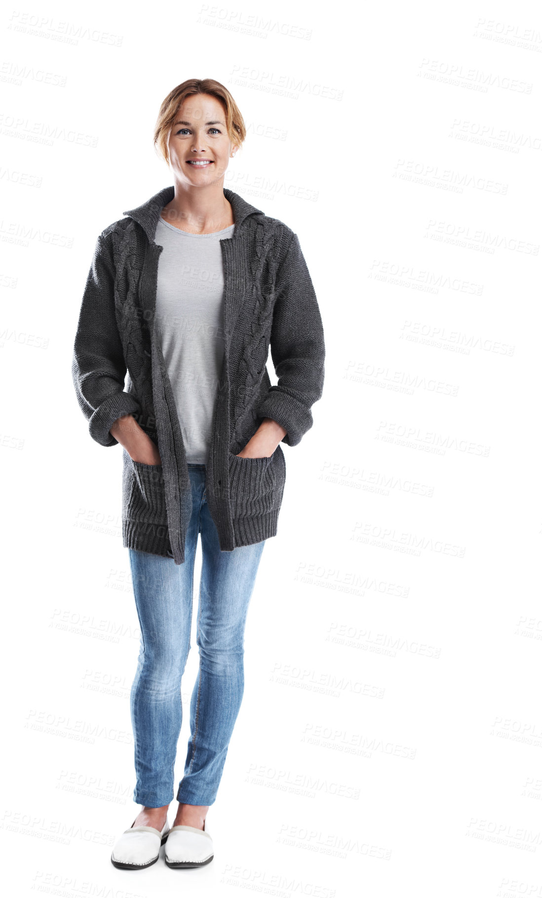 Buy stock photo Portrait, smile and woman with winter fashion in studio for cozy fabric, jersey or positive attitude. Person, aesthetic and cotton clothing with trendy outfit and confidence on white background