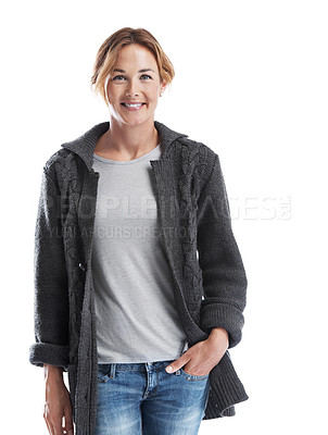Buy stock photo An attractive woman with her hands in her pockets while isolated on white - Cropped