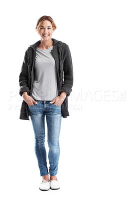 Buy stock photo An attractive woman with her hands in her pockets while isolated on white - Full length