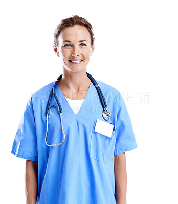 Buy stock photo An attractive female doctor smiling while standing isolated on white