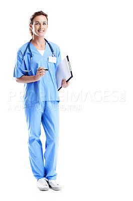 Buy stock photo An attractive female doctor holding a clipboard while isolated on white - Full length