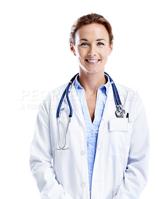 Buy stock photo An attractive female doctor smiling while standing with her hands in her pockets and isolated on white