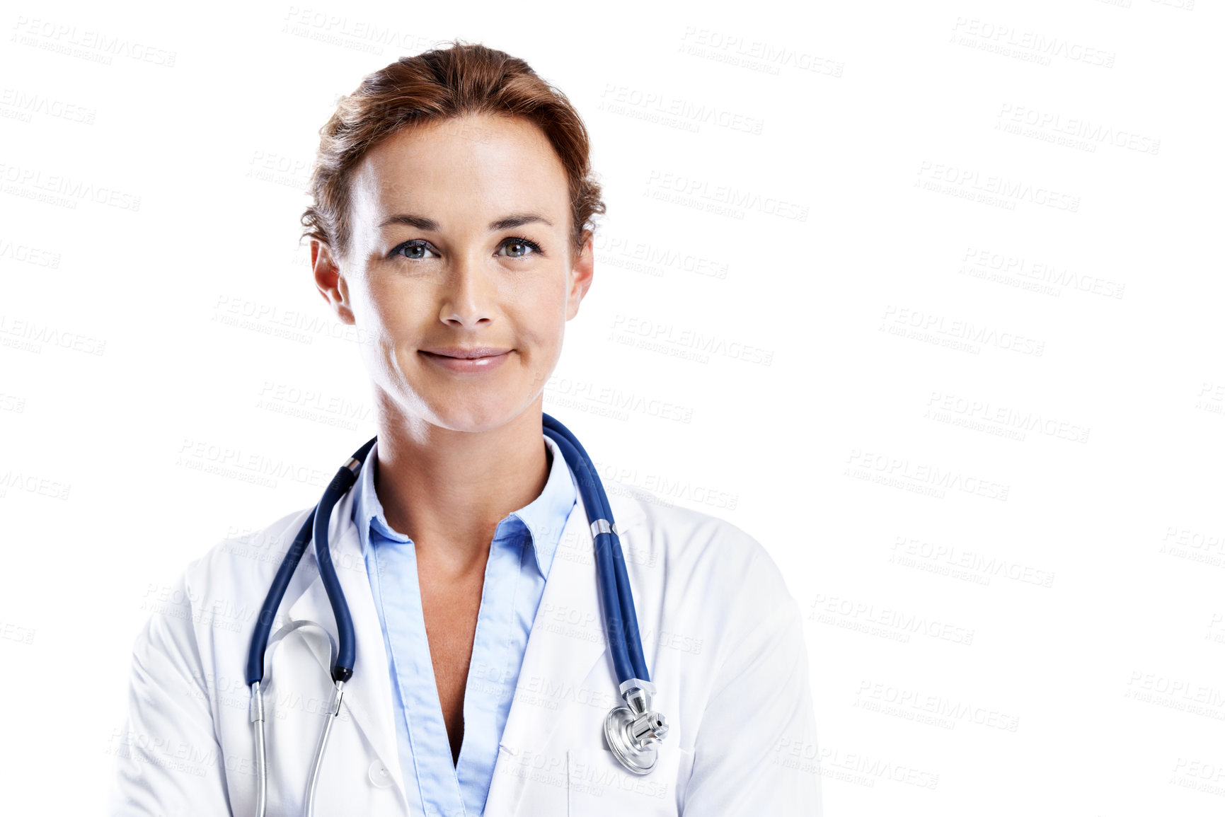Buy stock photo Doctor, smile and portrait of woman in studio for healthcare advisor, pride and confidence space. Medical, cardiology and about us with person on white background for electrophysiologist review