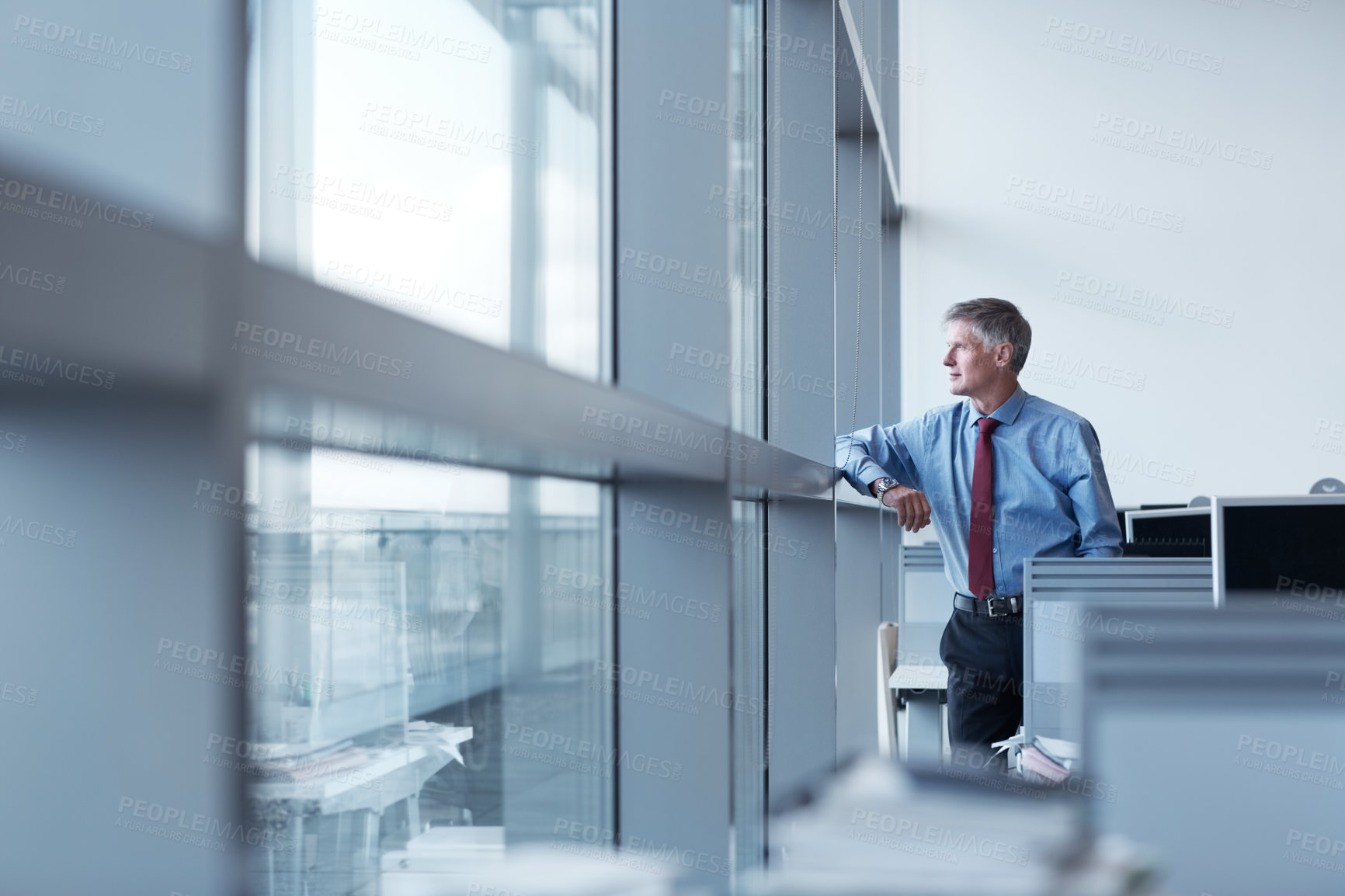 Buy stock photo Mature, businessman and window with ambition in office building for corporate improvement. Man, employee or thinking with reflection for company growth, development or career opportunity in workplace