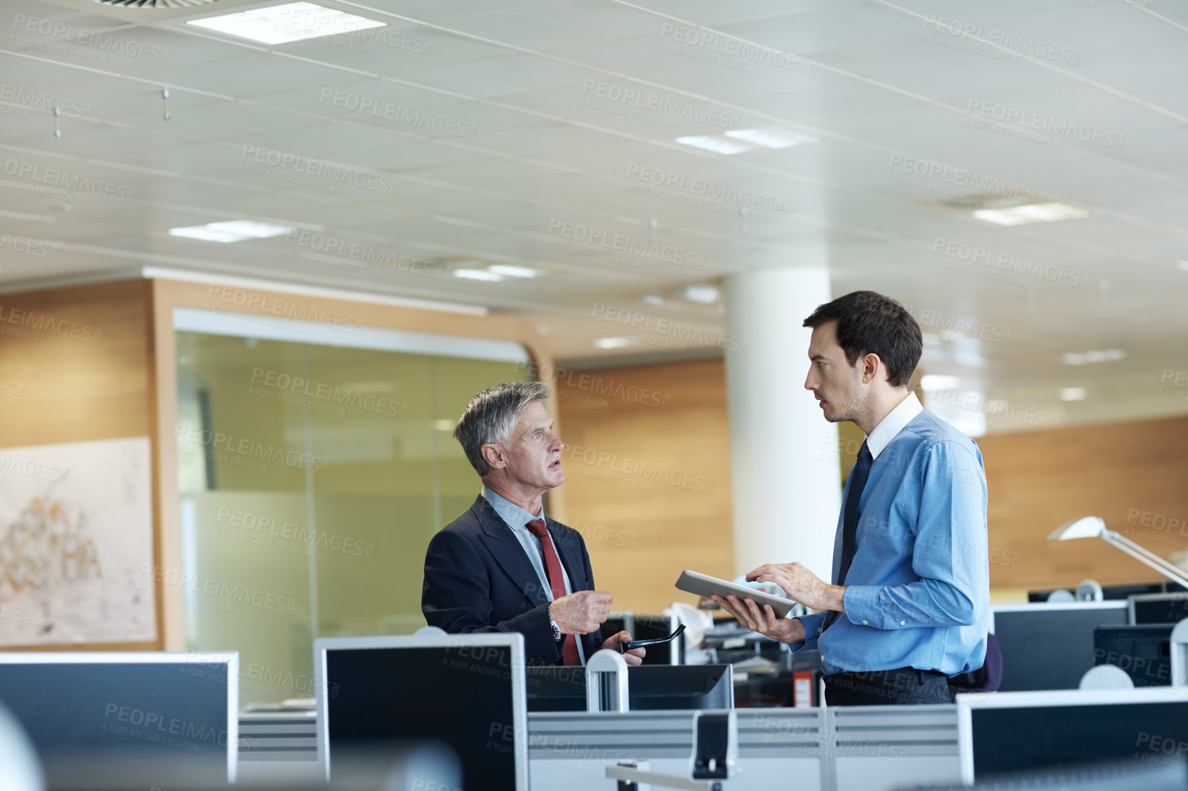 Buy stock photo Business, teamwork and men with tablet, discussion or brainstorming for financial growth in meeting. Colleagues, talking and people with research, collaboration and wealth management with technology
