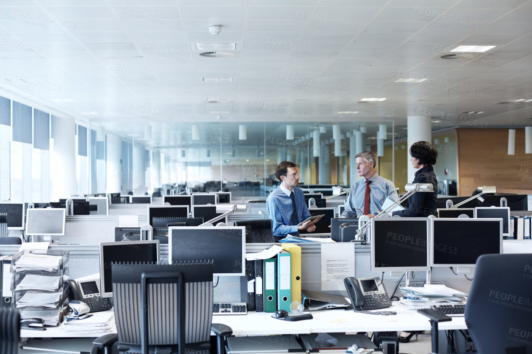 Buy stock photo Team, strategy and business people with tablet, meeting and planning for investment proposal on web. Office, discussion and group with technology, collaboration and research for financial growth