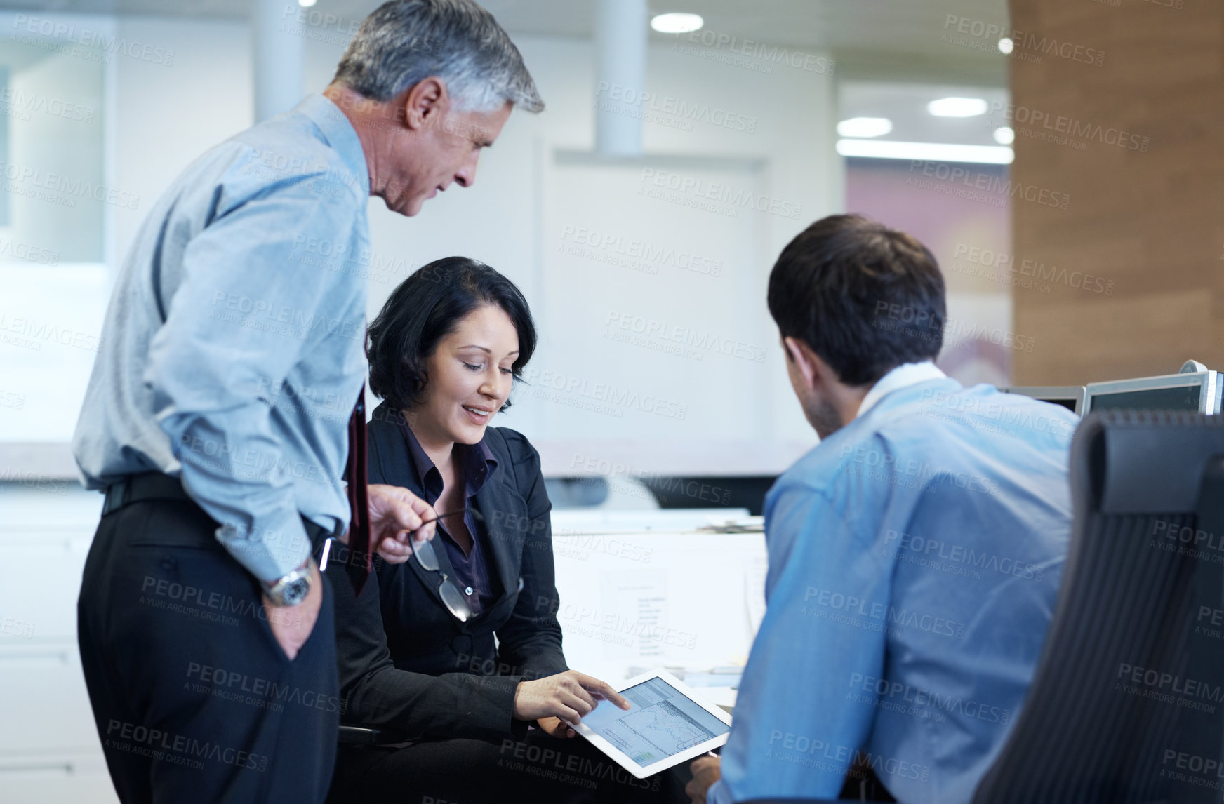 Buy stock photo Meeting, tablet and business people in office with collaboration on finance report with budget. Technology, discussion and group of financial advisors with ideas for investment proposal in workplace.