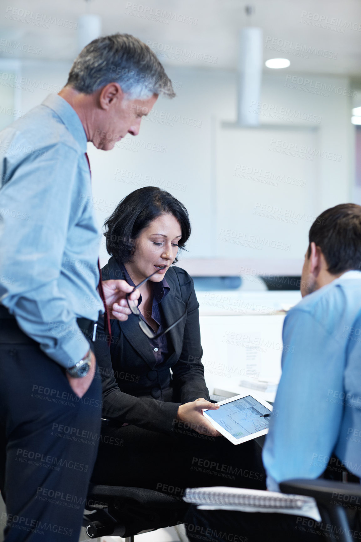 Buy stock photo Tablet, reading and team with business people in office for meeting, account discussion and planning. Feedback, collaboration and portfolio advice with employees for online stock chart and trading