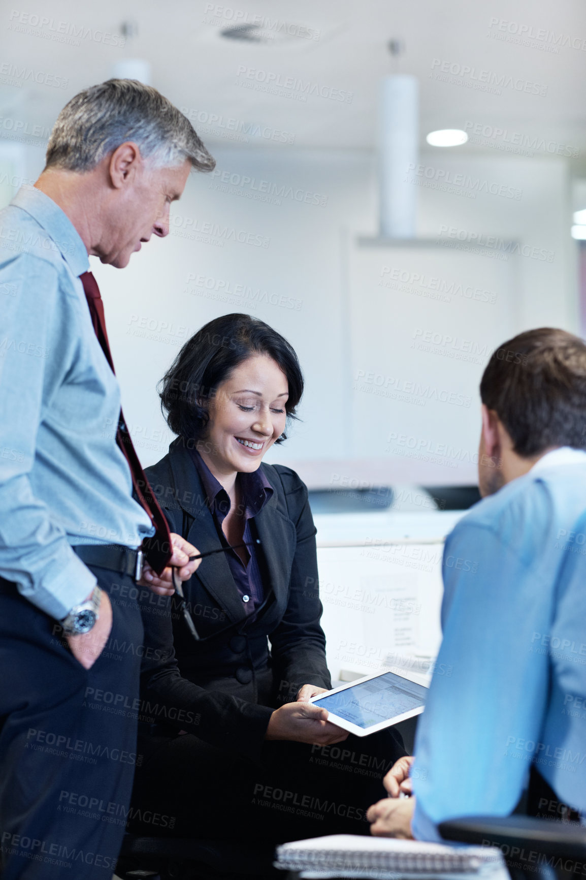 Buy stock photo Tablet, smile and team with business people in office for meeting, account discussion and planning. Feedback, collaboration and portfolio advice with employees for online stock chart and trading