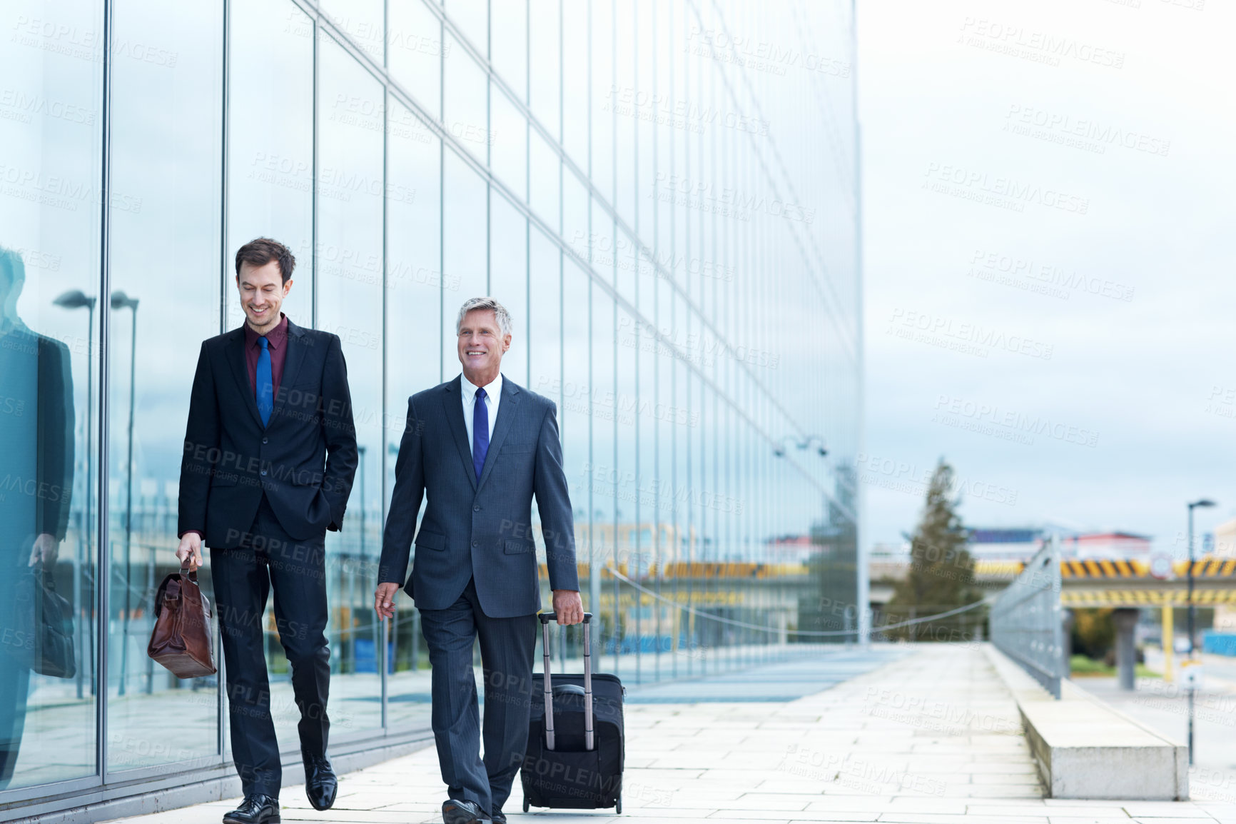 Buy stock photo Smile, travel and suitcase with business people in city for broker convention, journey and airport flight. Career opportunity, partnership and commute with employees and luggage for conference