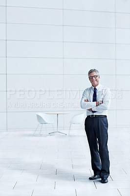 Buy stock photo Portrait of a confident senior businessman standing against a white background