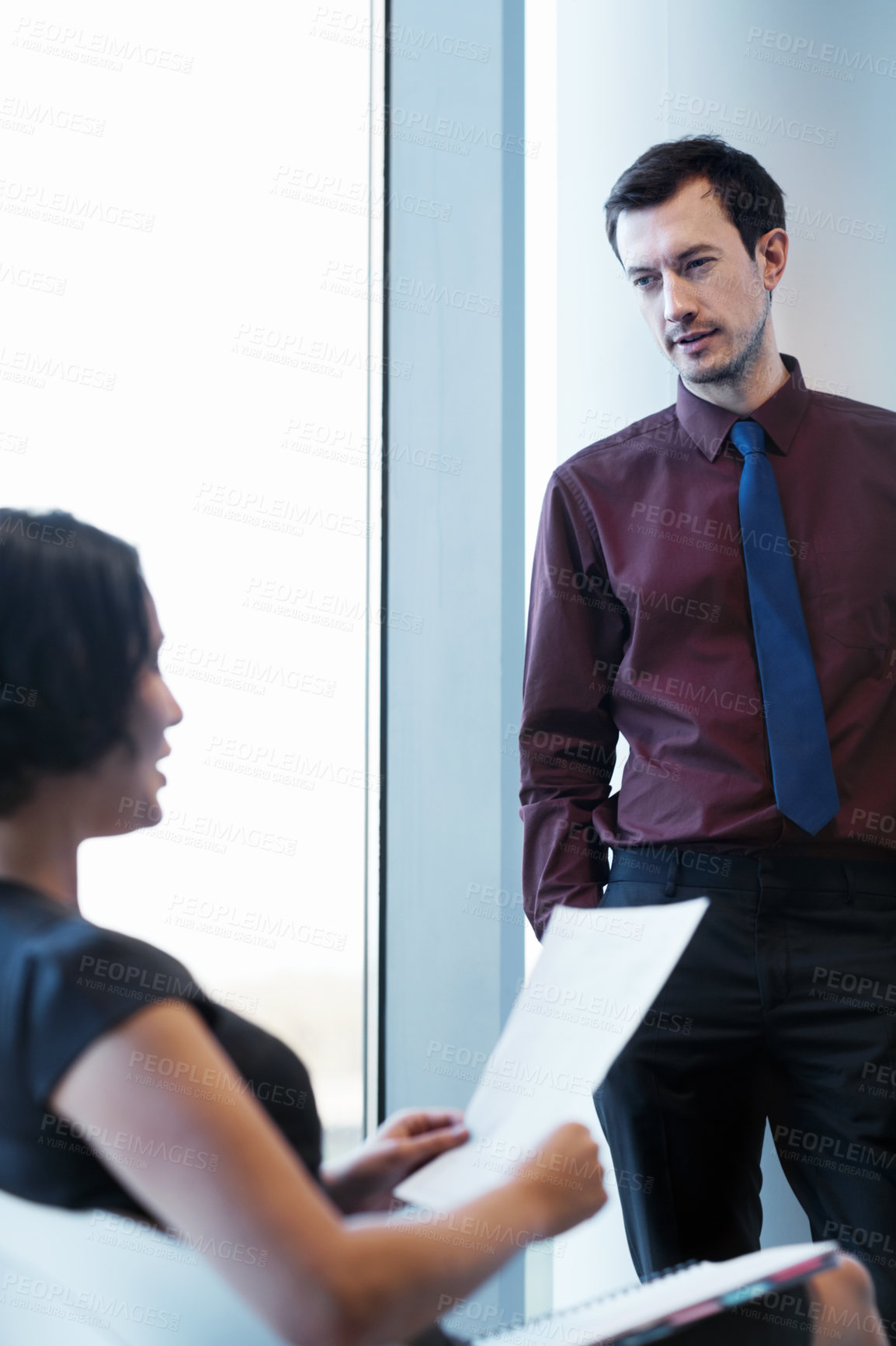 Buy stock photo Businessman, discussion or lawyer with documents for legal agreement, contract or proposal. Man, woman or conversation with attorney or paperwork for business policy, court case or briefing in office