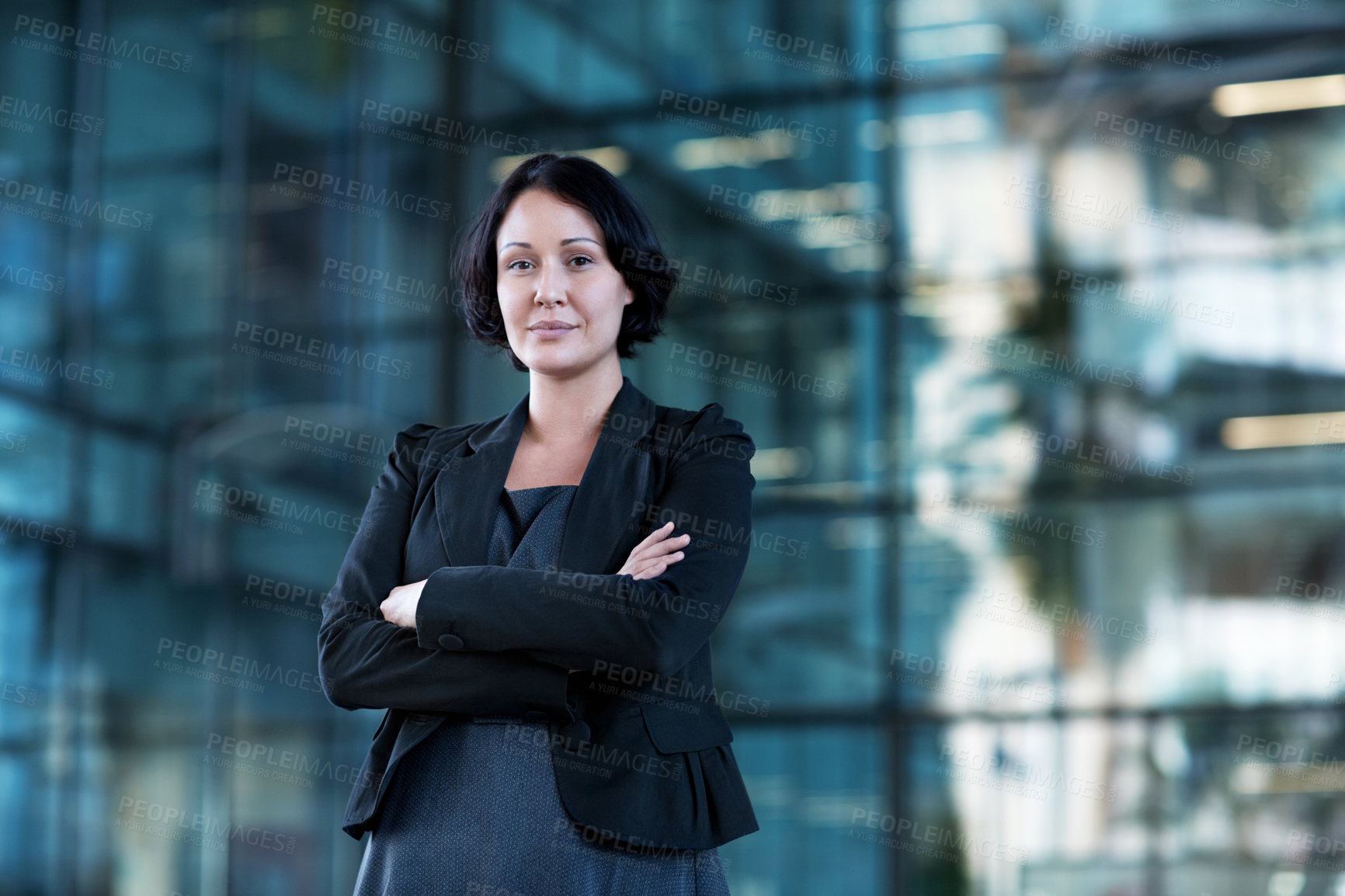 Buy stock photo Crossed arms, professional and portrait of businesswoman in office with confidence for finance career. About us, smile and financial manager with pride for corporate job opportunity in workplace.