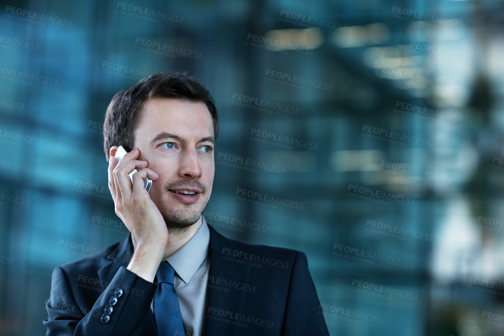 Buy stock photo Talking, outdoor and business man with phone call by office for discussion, chat and conversation. Corporate, financial advisor and person on cellphone for negotiation, contact and finance consulting