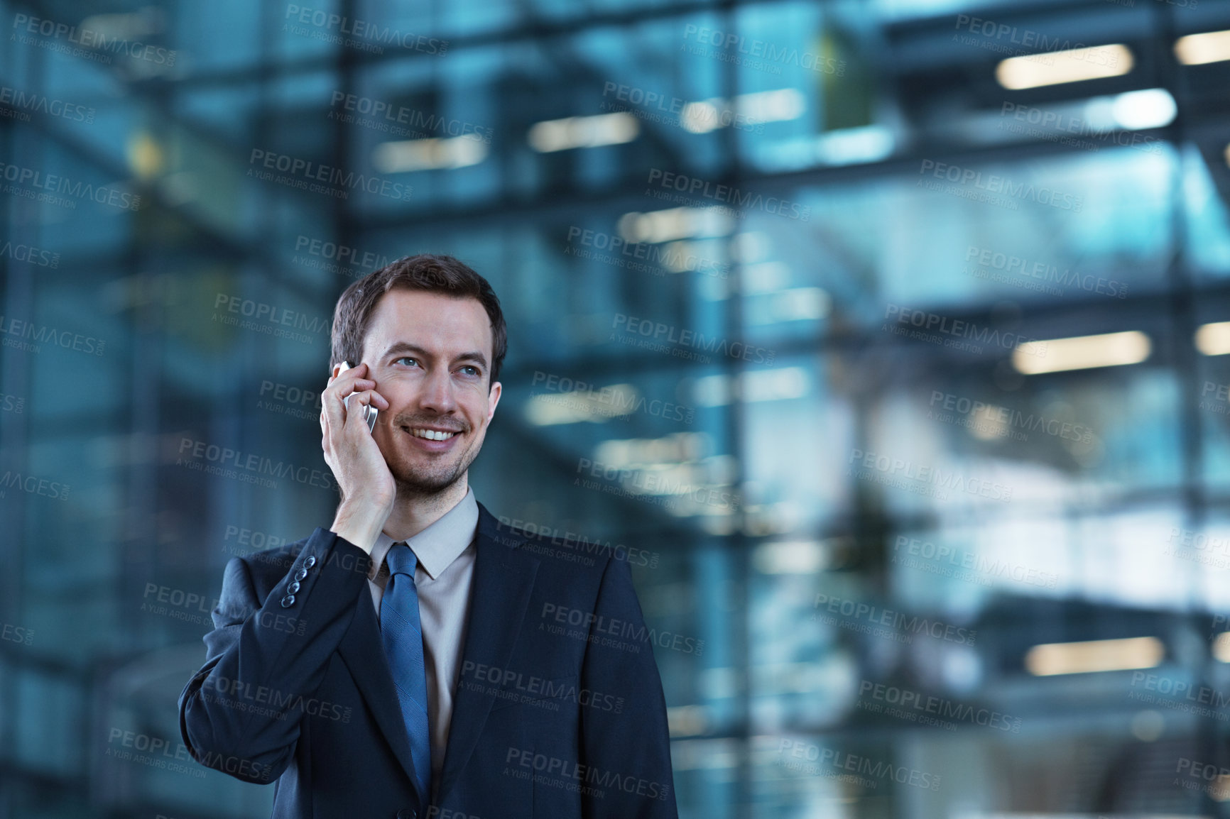 Buy stock photo Talking, happy and business man with phone call by office for discussion, chat and communication. Corporate, space and person on cellphone for negotiation, contact and financial advice in city