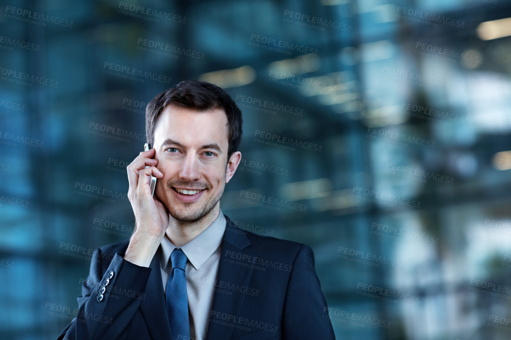 Buy stock photo Portrait, happy and business man with phone call by office for discussion, chat and conversation. Corporate, financial advisor and person on cellphone for negotiation, contact and finance consulting