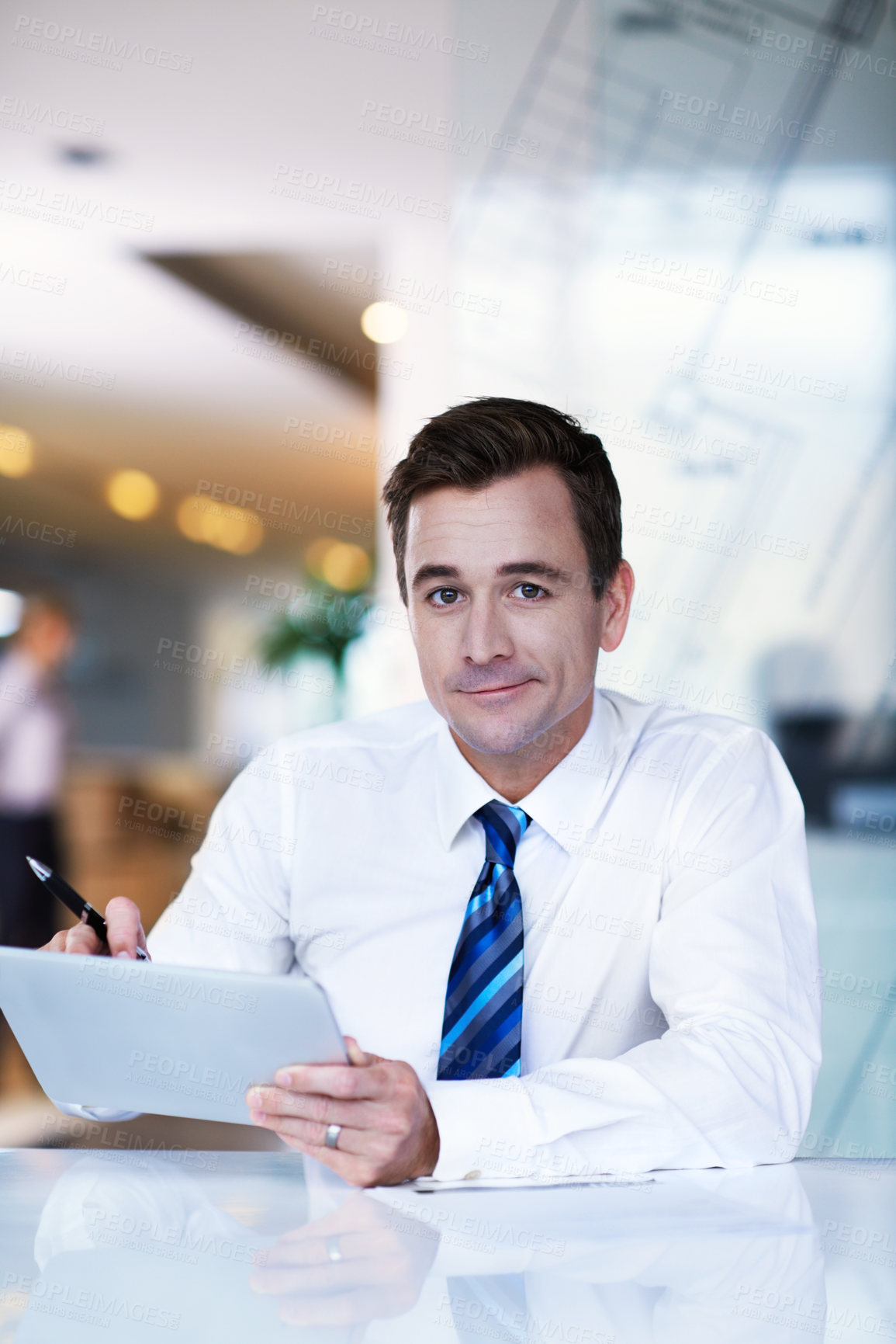 Buy stock photo Tablet, research and portrait of businessman in office with communication, email or finance report. Digital technology, smile and financial manager on app for feedback review on investment proposal.