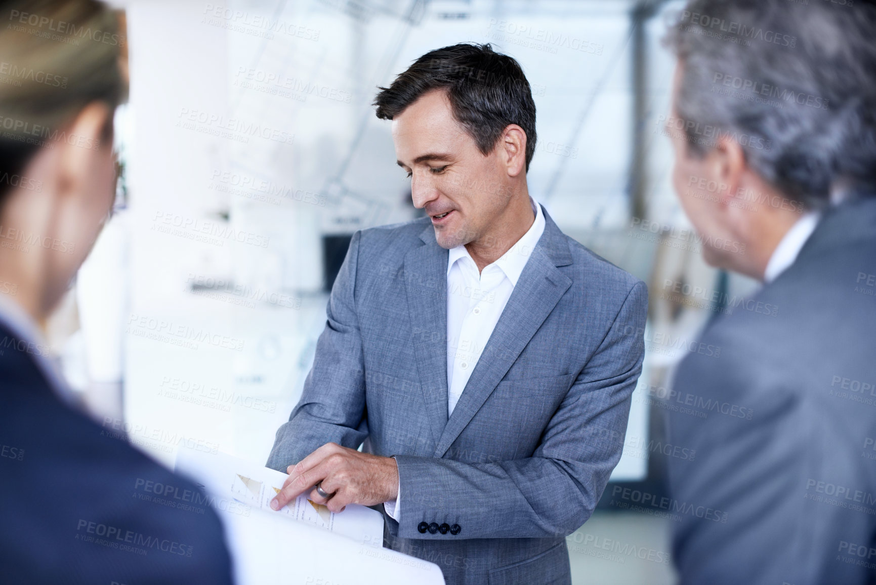 Buy stock photo Meeting, documents and business people in lobby for finance report, proposal or investment plan. Office, corporate and man with workers, paperwork or contract for financial review, budget or strategy