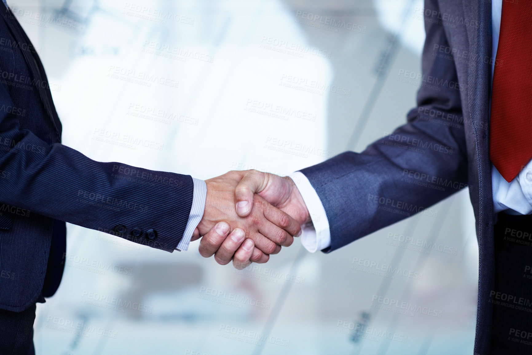 Buy stock photo Corporate, business and men in lobby shaking hands for meeting, financial partnership or b2b merger. Office, hiring and people with handshake for collaboration, investment deal or finance agreement