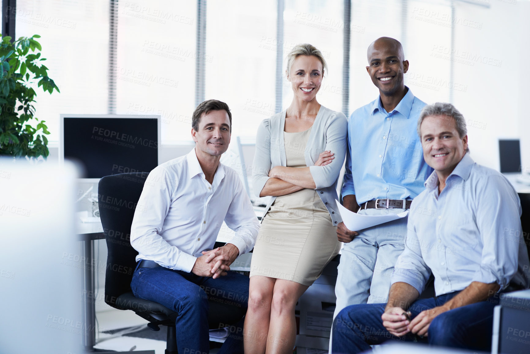 Buy stock photo Smile, meeting and portrait of business people in office for solidarity, about us and portfolio manager. Diversity, partnership and account advisor with employees in agency for team and pride