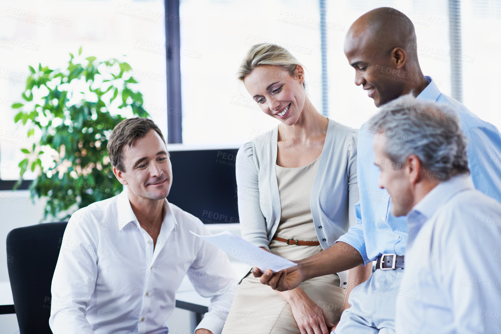 Buy stock photo Meeting, research and documents with business people in office for risk assessment, discussion or team. Insurance claim, policy conditions and paperwork with employees in agency for underwriter pitch