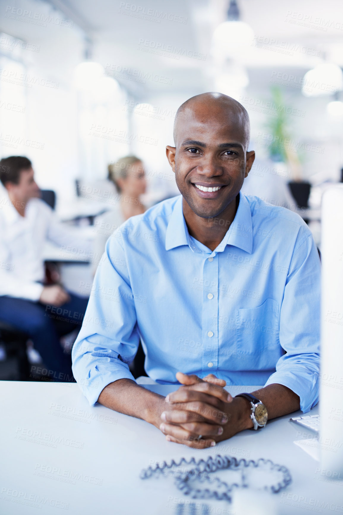Buy stock photo Happy, smile and portrait of businessman with computer for about us, pride and coworking. Publishing agency, office and confidence with tech for online article, news story and editing website