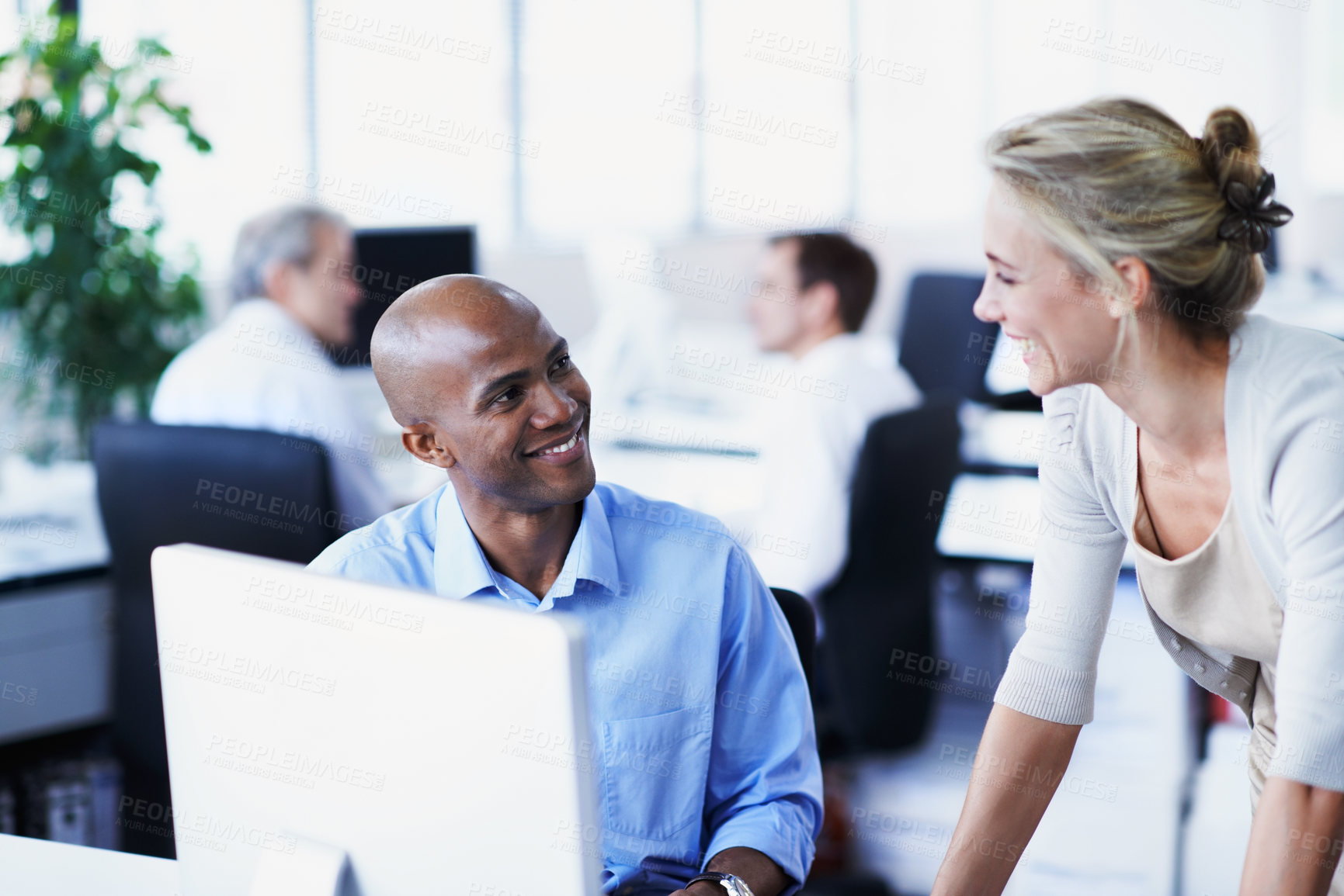 Buy stock photo Computer, happy and team with business people in office for bookkeeping, budget report and tax records. Payroll audit, revenue review and partner with employees for online account and research