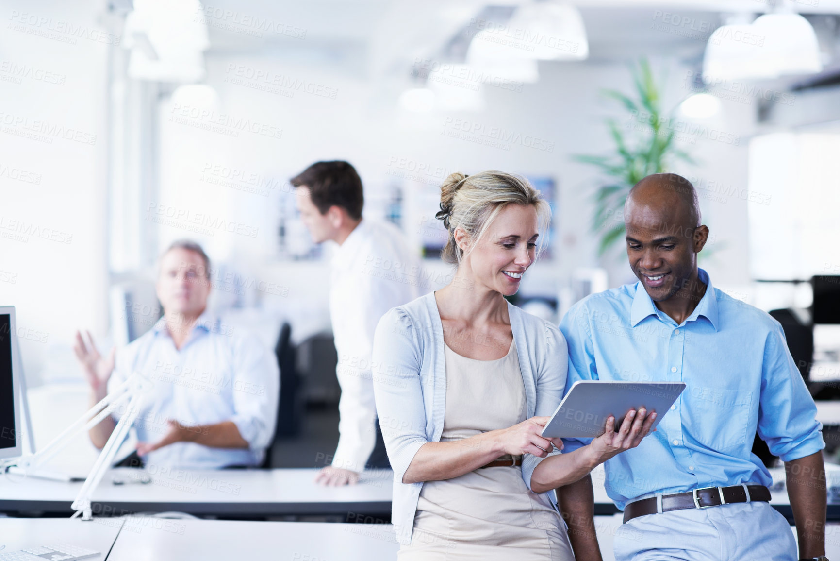 Buy stock photo Tablet, reading and team with business people in office for bookkeeping, budget report and tax records. Payroll audit, revenue review and partner with employees for online account, help and research
