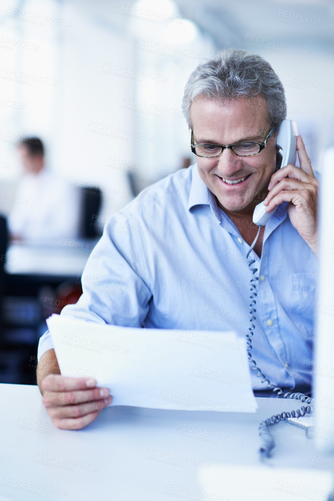 Buy stock photo Smile, documents and phone call with business man in office for account review, administration and research. Bank records, deposit invoice and revenue paperwork with mature employee for communication