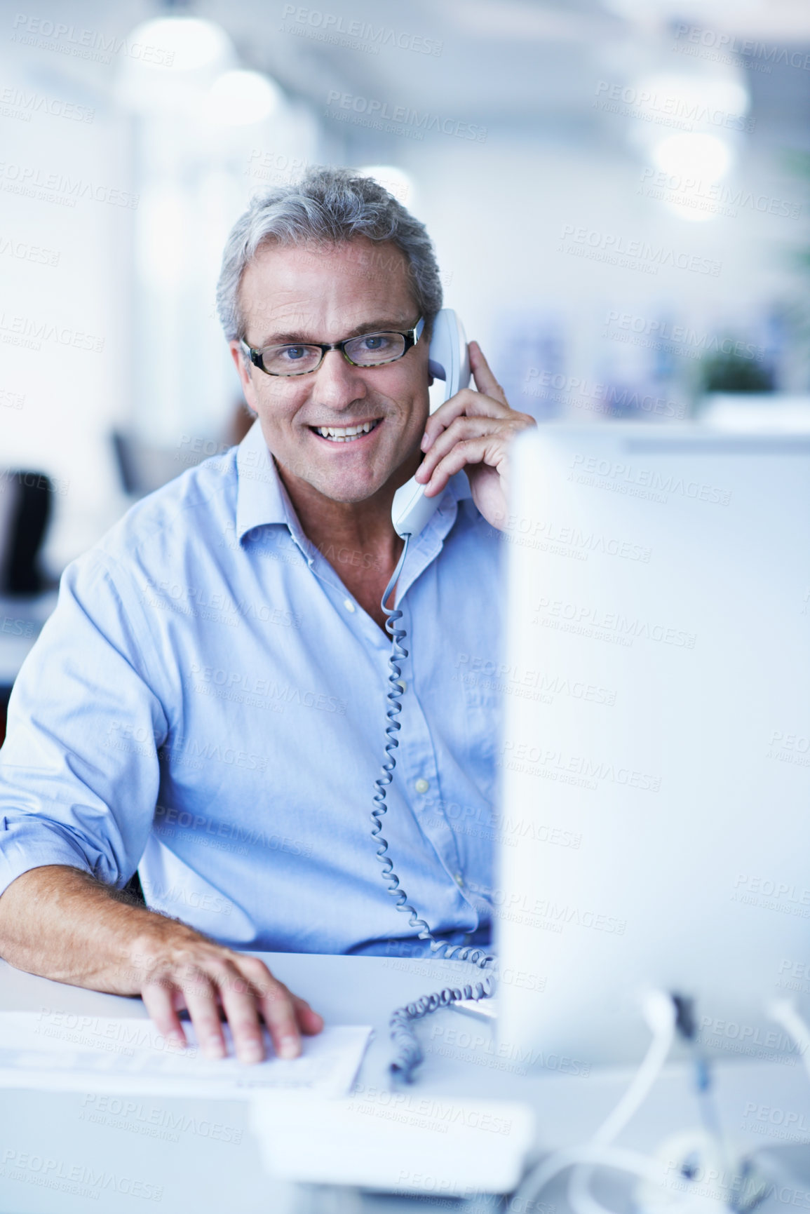 Buy stock photo Smile, portrait and phone call with business man in office for account review, administration or research. Bank records, deposit invoice or revenue update with mature employee for communication