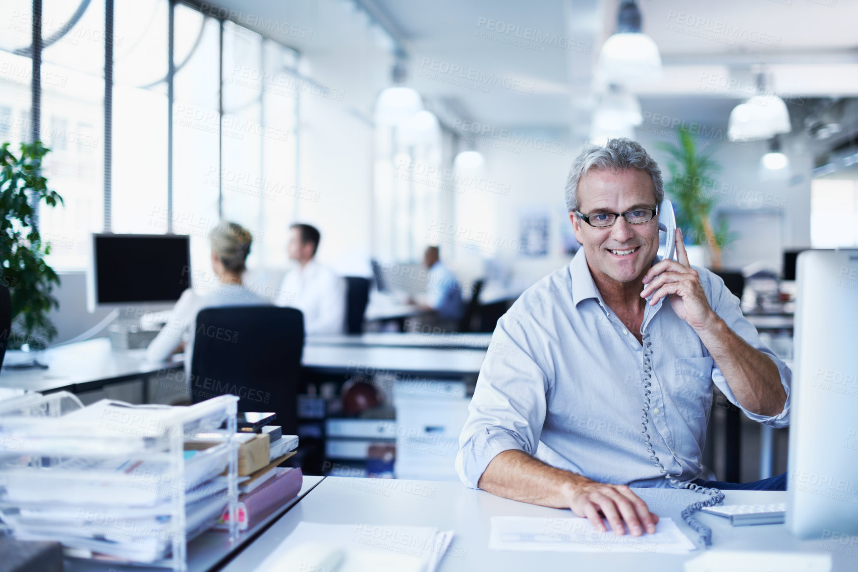 Buy stock photo Happy, portrait and phone call with business man in office for account review, administration or research. Bank records, deposit invoice or revenue update with mature employee for communication