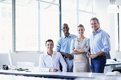Buy stock photo Portrait of a diverse group of smiling coworkers in an office