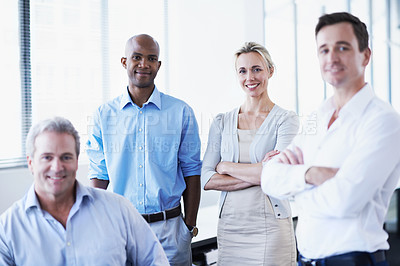 Buy stock photo Portrait of a diverse group of happy coworkers in an office