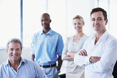 Buy stock photo Portrait of a diverse group of happy coworkers in an office