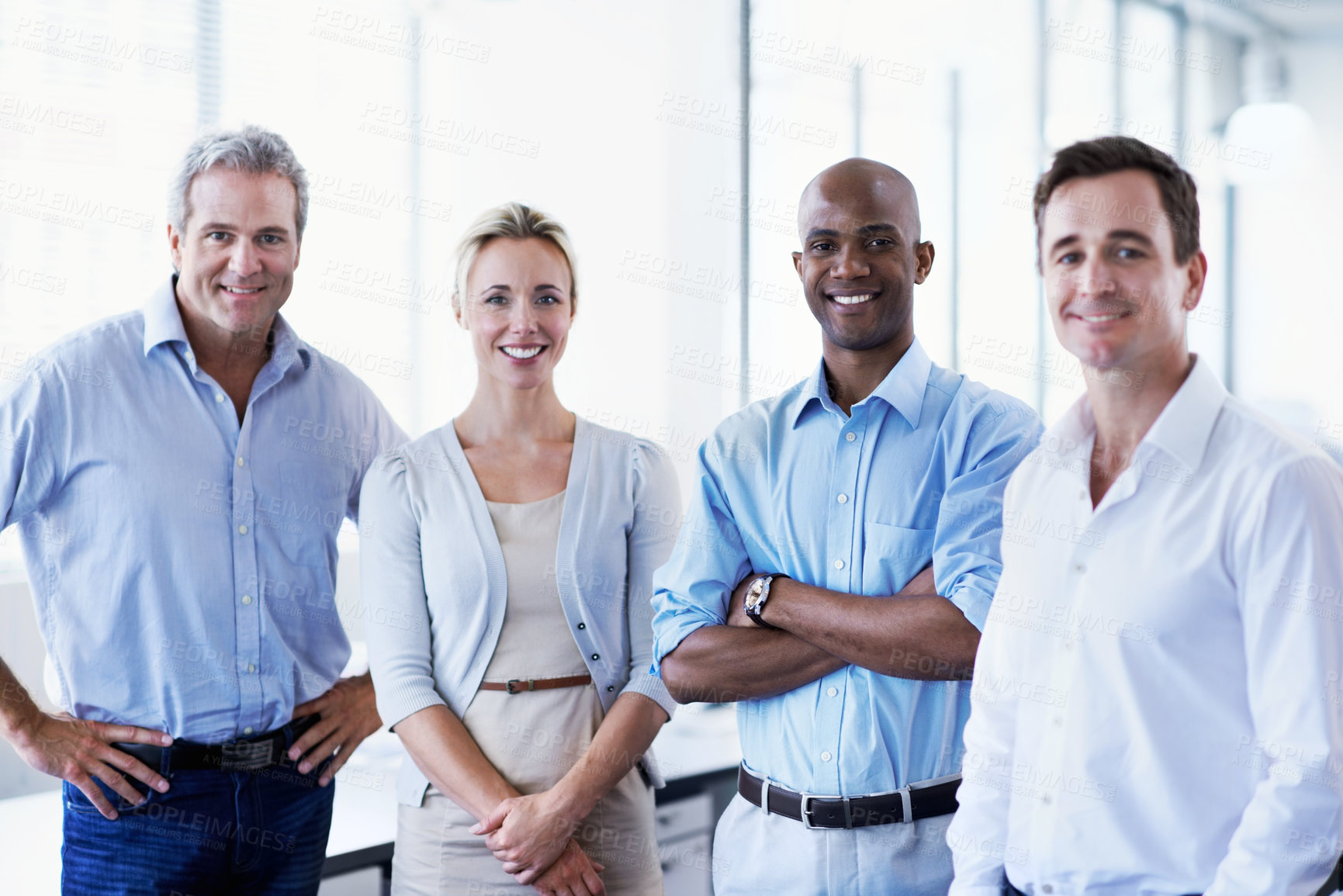 Buy stock photo Happy, support and portrait of business people in office for partnership, about us or mission. Solidarity, collaboration and diversity with employees in agency for pride, professional and opportunity