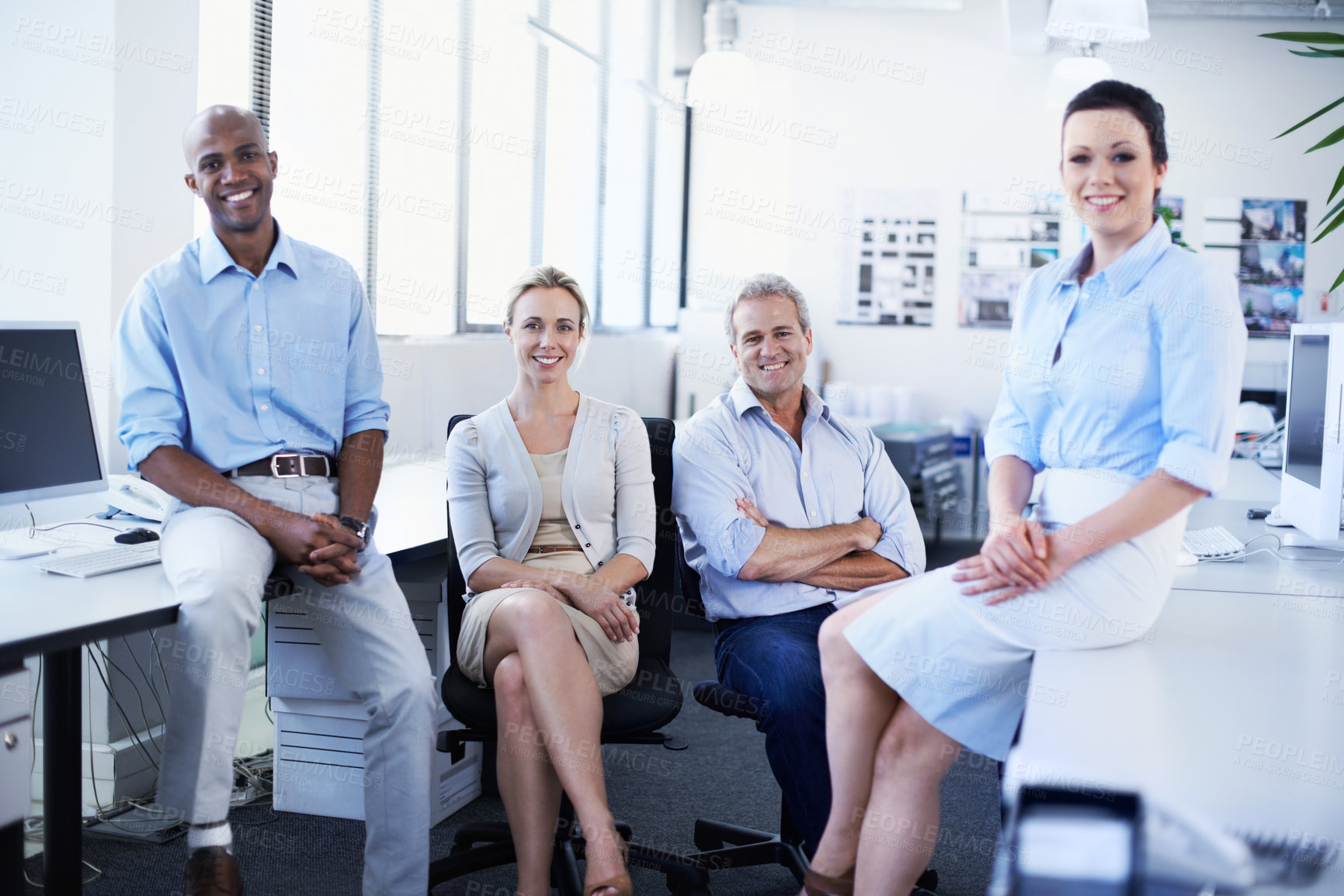 Buy stock photo Smile, about us and portrait of business people in office for solidarity, team and portfolio manager. Diversity, partnership and account advisor with employees in agency for meeting and pride