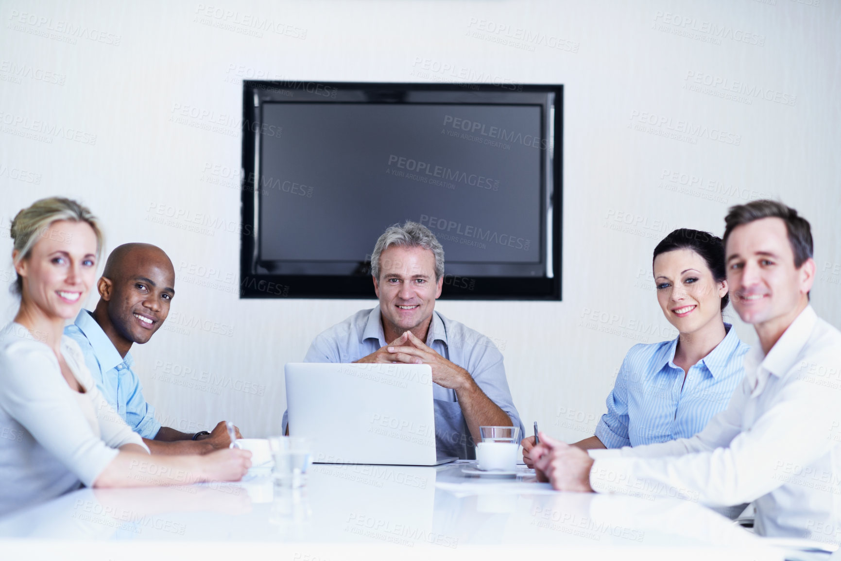 Buy stock photo Smile, portrait and meeting with business people in office for liquidity analyst, account review and planning. Laptop, budget forecast and about us with employees in agency for funding pitch and team