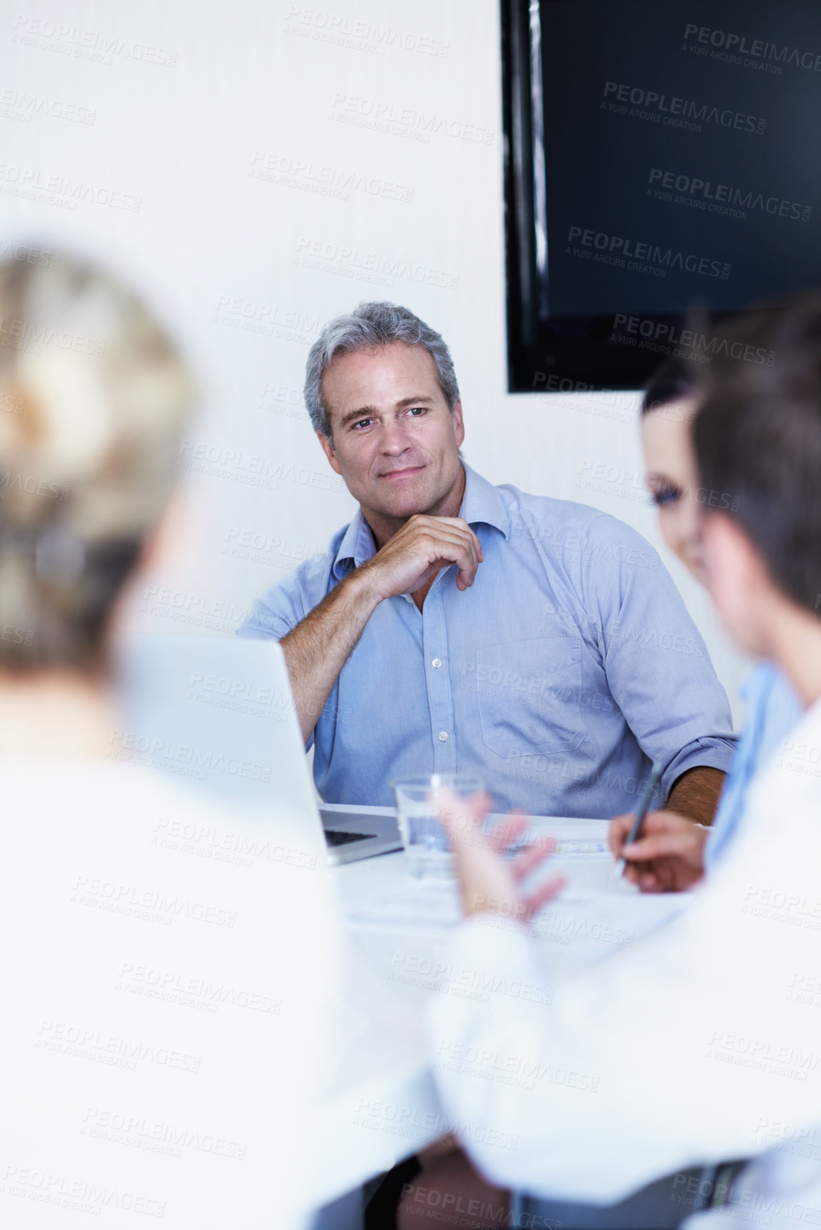 Buy stock photo Listen, manager and meeting with business man in office for liquidity analyst, account review and planning. Discussion, budget forecast and credit balance with employees in agency for funding pitch