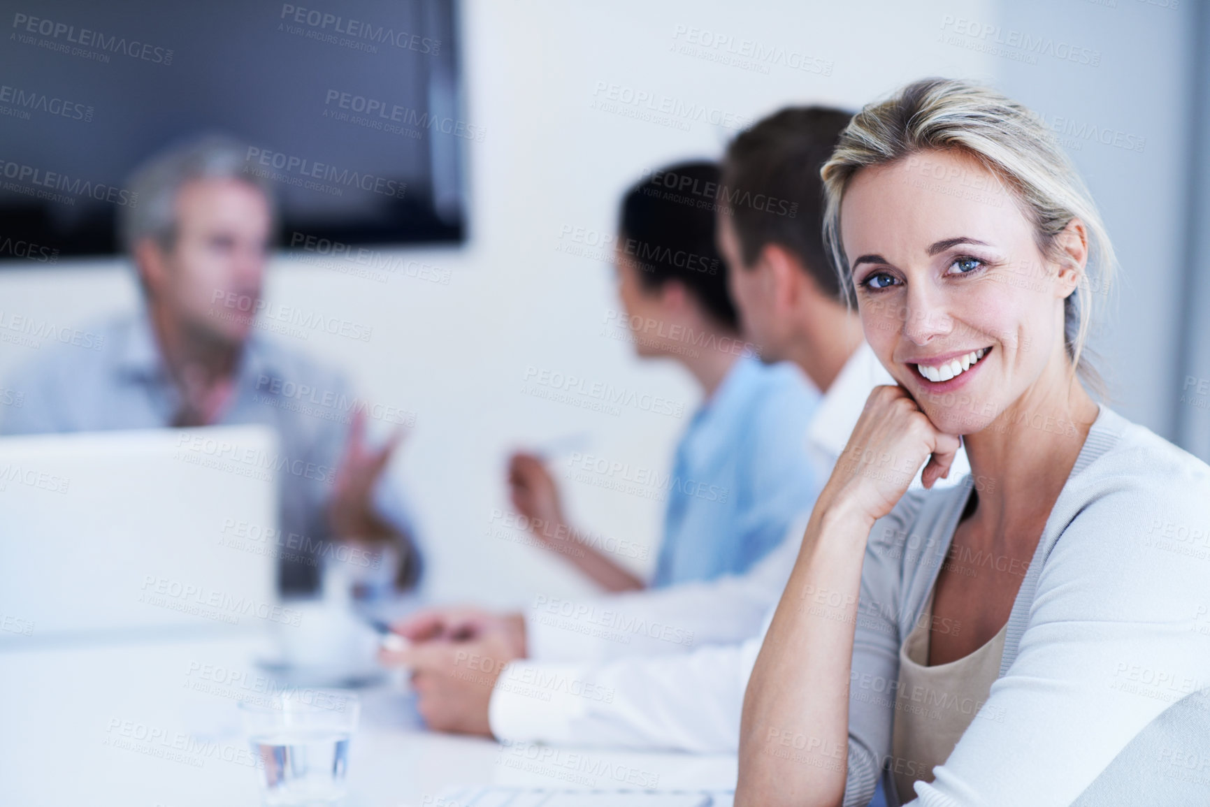 Buy stock photo Team, portrait and meeting with business woman in office for liquidity analyst, account review and planning. Discussion, budget forecast and about us with employees in agency for funding pitch