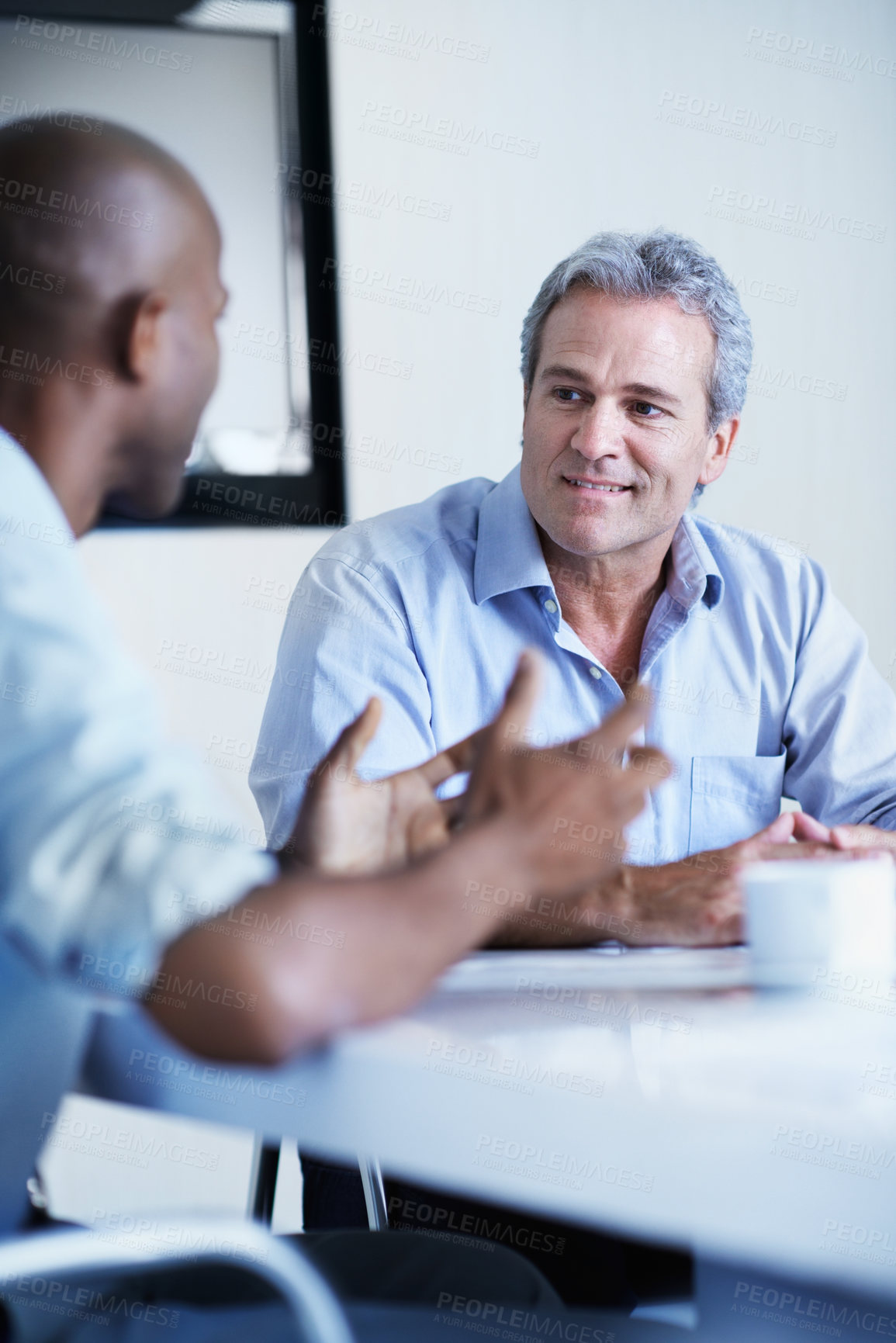 Buy stock photo Smile, business and men in office for meeting, planning and discussion for accounting pitch. People, team and briefing in workplace with conversation, audit strategy and feedback on finance proposal