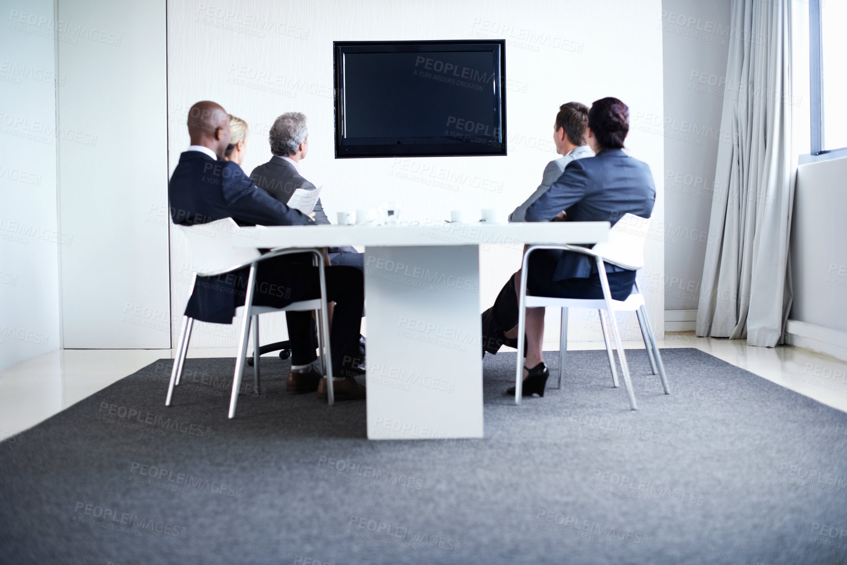 Buy stock photo Business, workshop or people in office with screen, finance meeting or video conference for learning. Team, mockup space and monitor in agency for financial planning, company insight or information