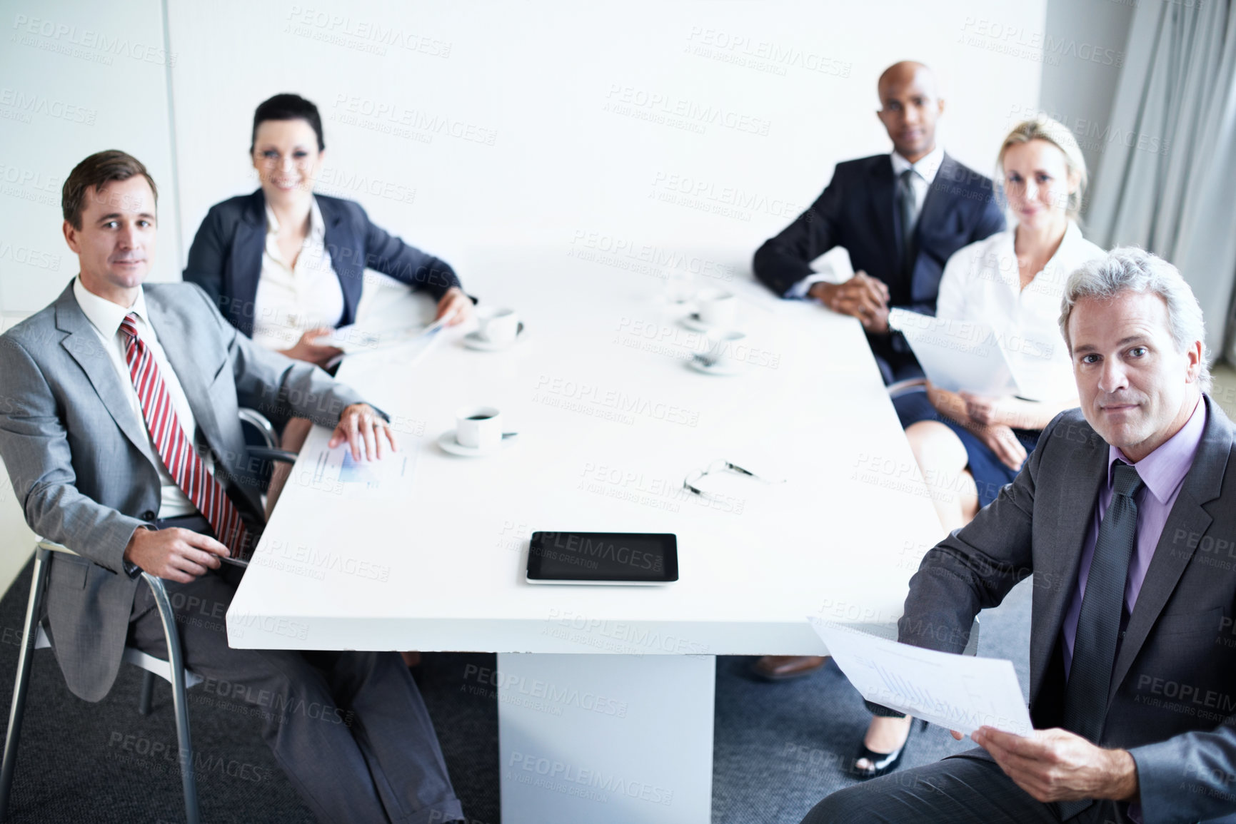 Buy stock photo Meeting, planning and portrait with business people in office for investment banker, budget and review. Stock portfolio, partnership and project with employees in agency for team and advisor